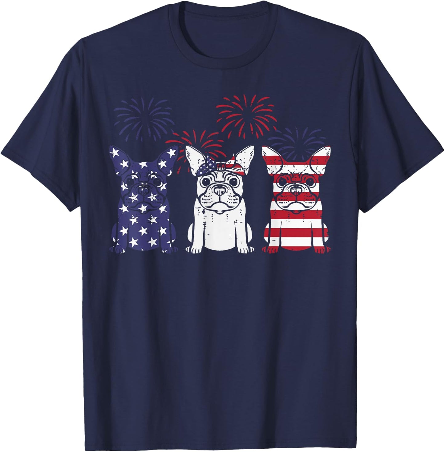 3 US Flag French Bulldogs 4th Of July Patriotic Frenchie Dog T-Shirt - T-Shirt | Navy