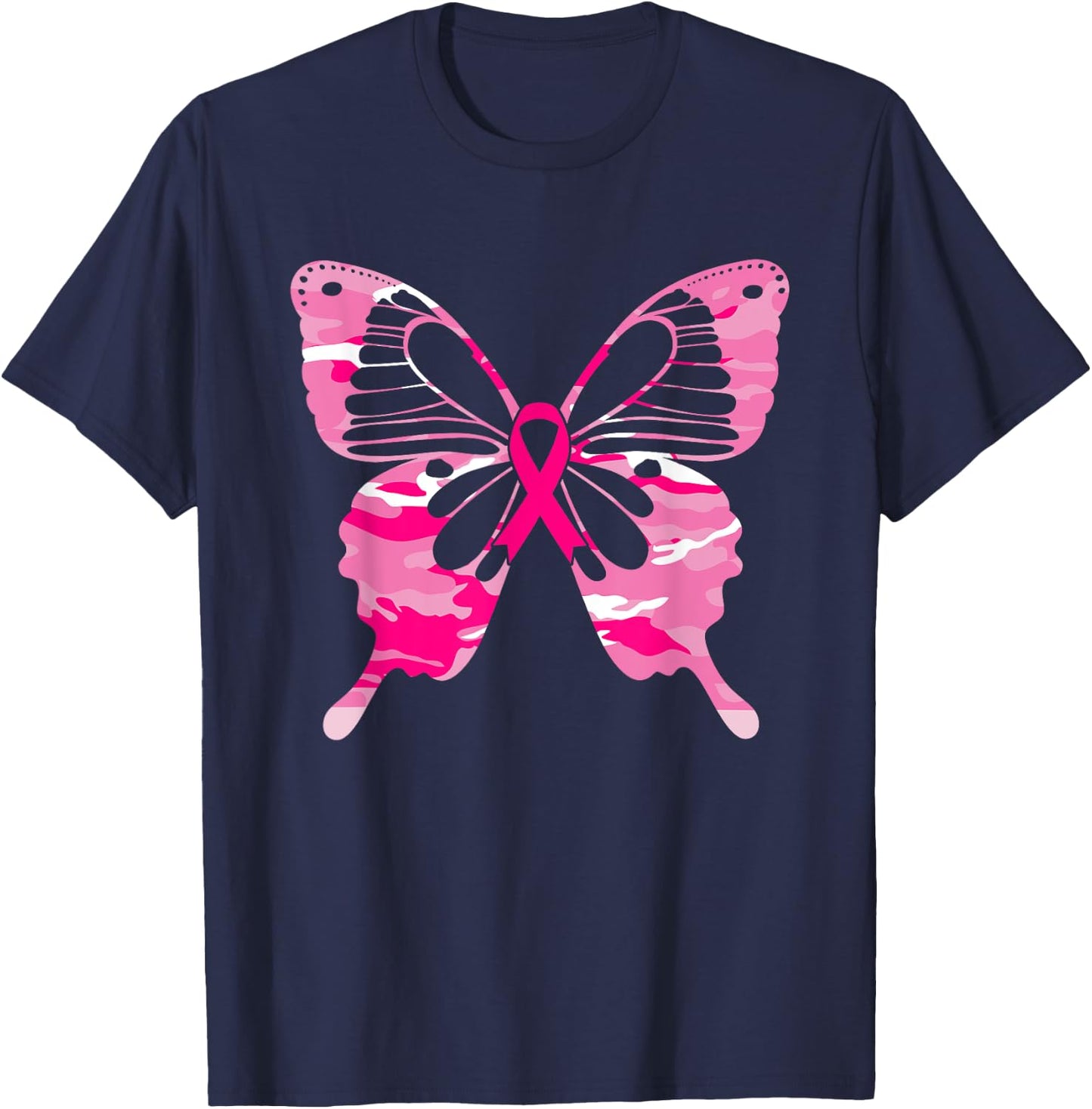 Camouflage Butterfly Pink Ribbon Breast Cancer Awareness T-Shirt - T-Shirt | Navy