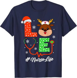 Christmas Nurse Scrub Tops Love Reindeer Nurse T-Shirt - T-Shirt | Navy