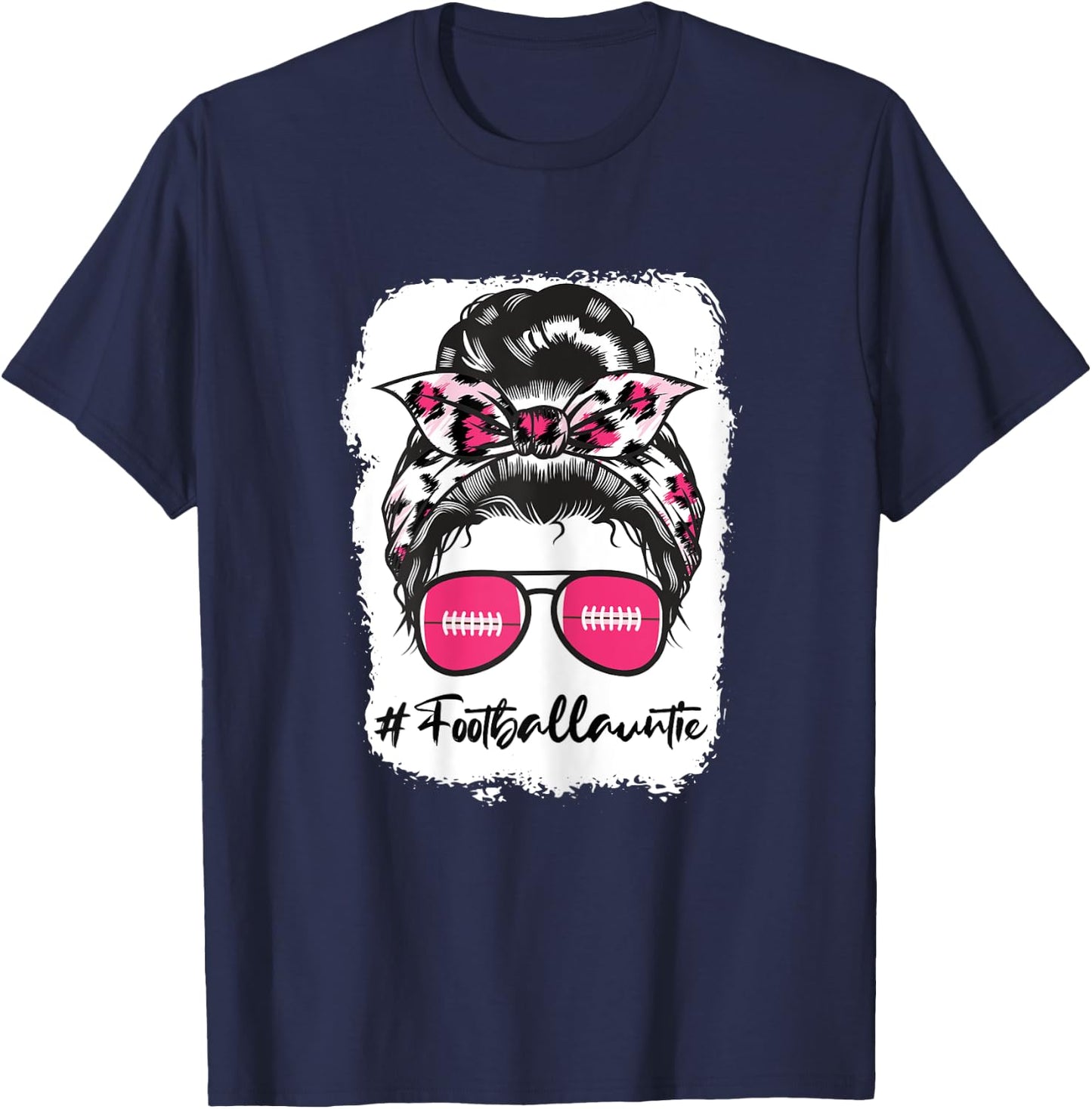 Bleached Football Auntie Pink Leopard Print Messy Bun T-Shirt - T-Shirt | Navy