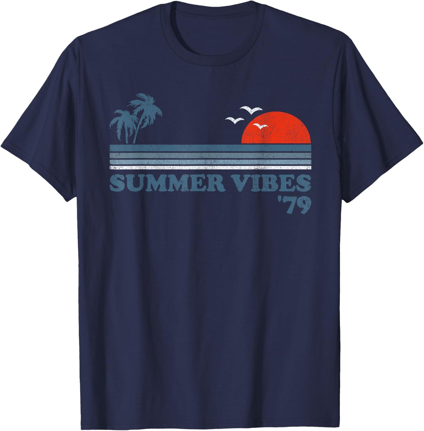 Summer Vibes Vintage Beach Retro Sunset 70's Vacation T-Shirt - T-Shirt | Navy