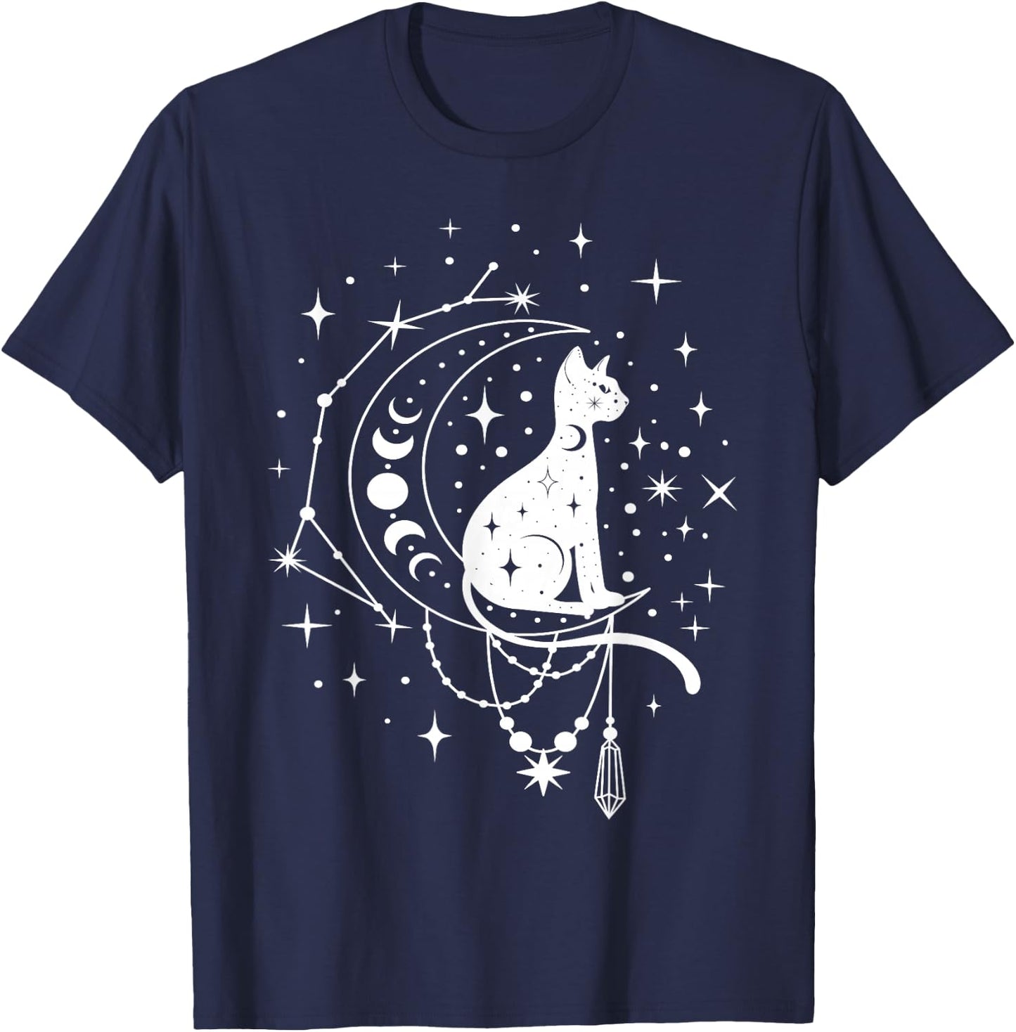 Celestial Cat, Crescent Moon, Star Constellation, Astrology T-Shirt - T-Shirt | Navy