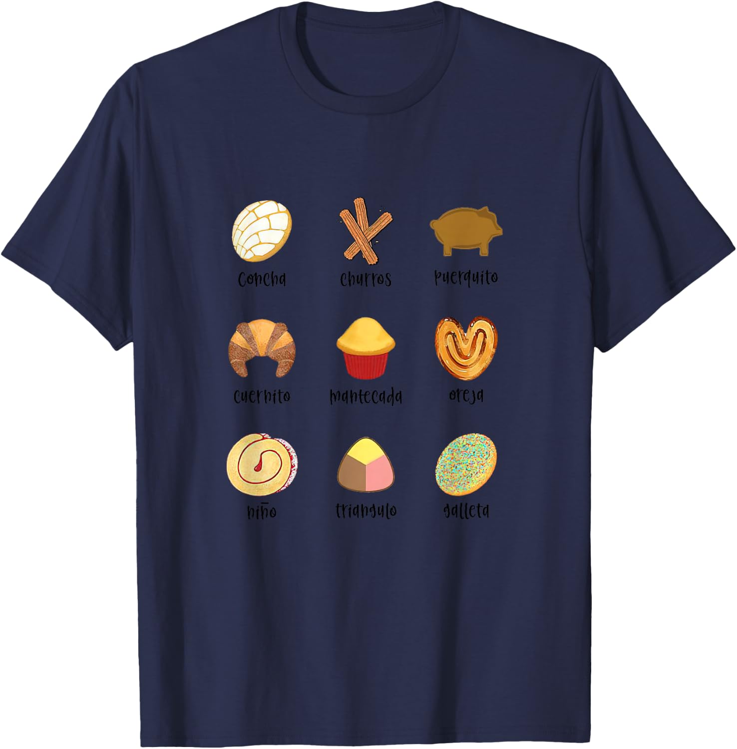 Pan Dulce Mexican Food Pan Dulce Concha Pan Latina Spanish , White T-Shirt - T-Shirt | Navy