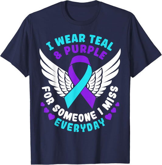 Suicide Prevention Awareness I Wear Teal And Purple Ribbon T-Shirt - T-Shirt | Navy
