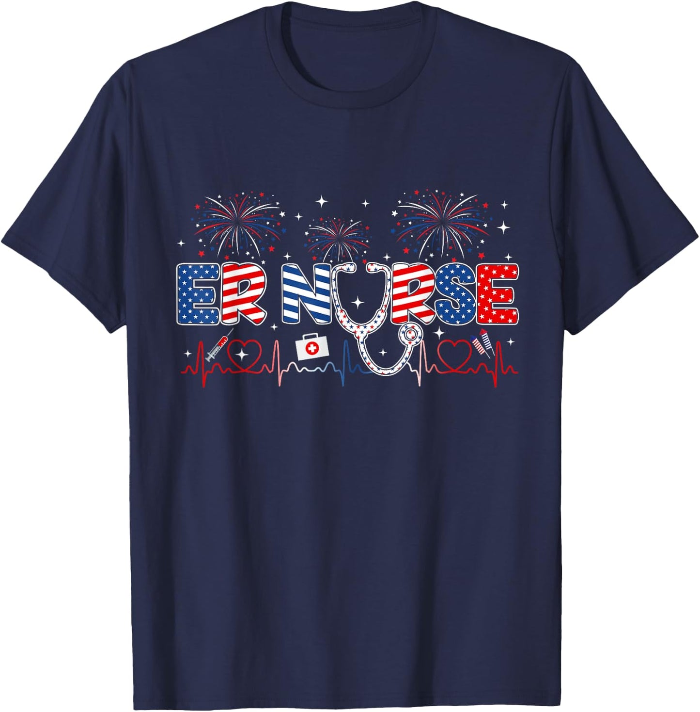 ER Nurse 4th of July American Flag Patriotic USA Stethoscope T-Shirt - T-Shirt | Navy