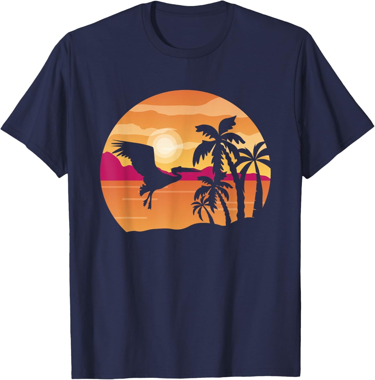 Pelican Bird Palm Tree Tropical Bird Animal Summer Sunrise T-Shirt - T-Shirt | Navy