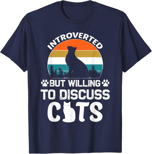 Introverted But Willing To Discuss Cats, Funny Cat Retro Women T-Shirt - T-Shirt | Navy