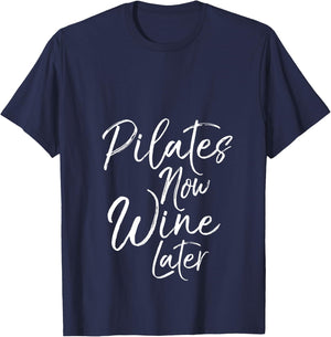 Funny Yoga Gift Drinkers Cute Pilates Now Wine Later V-Neck T-Shirt - T-Shirt | Navy