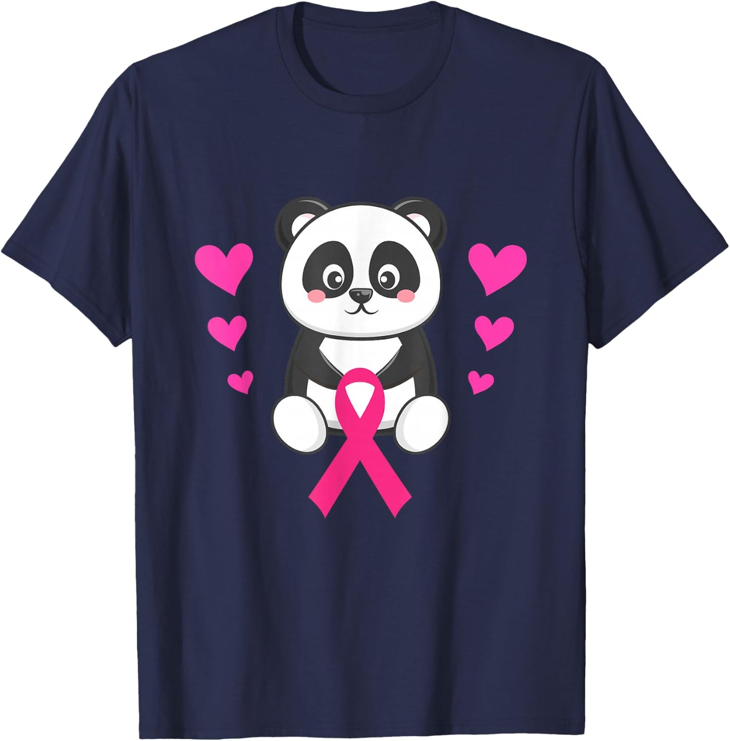 Breast Cancer Awareness Panda Holding Pink Ribbon Warrior T-Shirt - T-Shirt | Navy