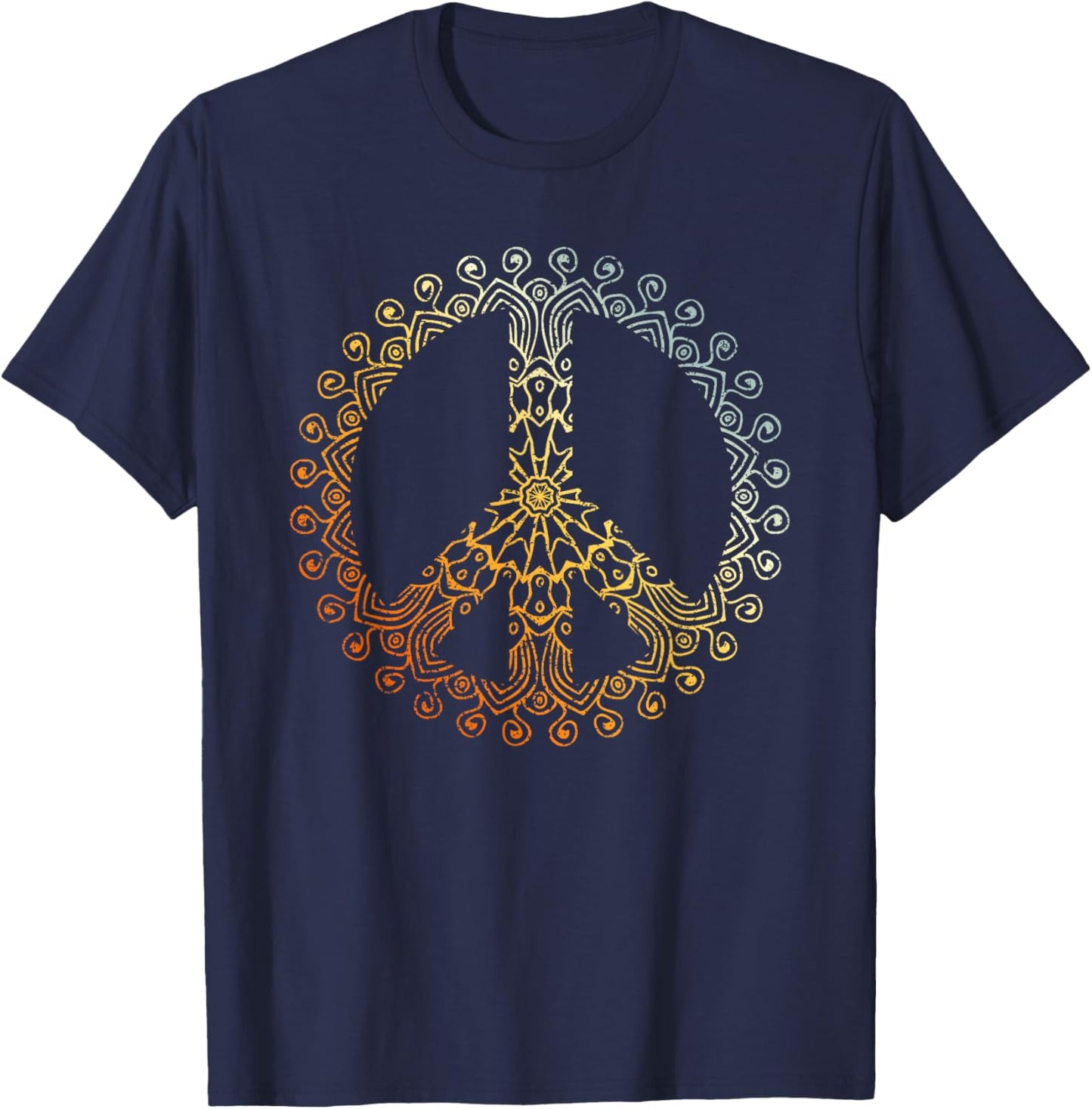 Sunny Neutral Boho Yoga Ornate Mandala Peace Sign Hippie T-Shirt - T-Shirt | Navy