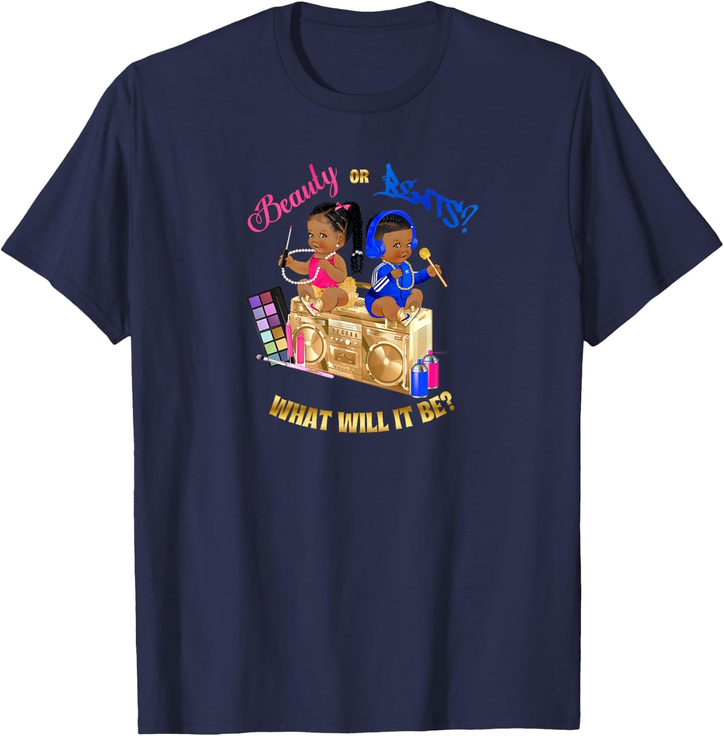 Beauty or Beats Baby Gender Reveal Royal Blue Hot Pink Gold T-Shirt - T-Shirt | Navy