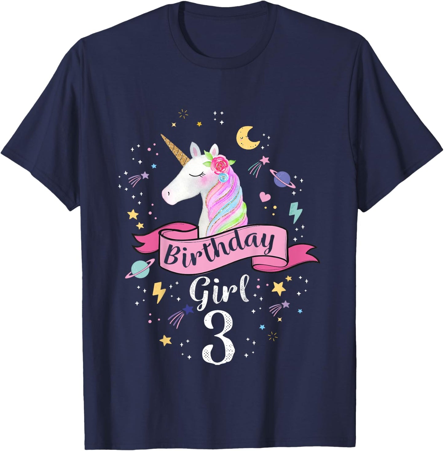 3 Year Old Girl Birthday Unicorn Shirt 3rd Birthday T-Shirt - T-Shirt | Navy