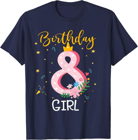 Crown 8th Birthday For Girls Eight Year Old Girl Birthday T-Shirt - T-Shirt | Navy