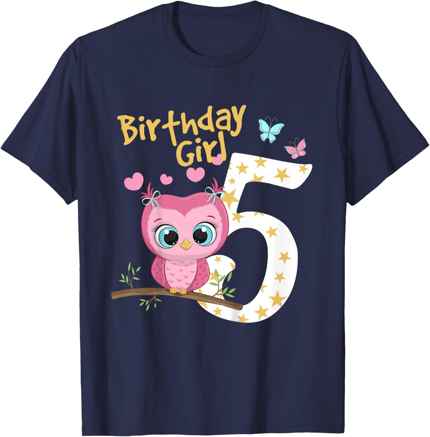 5th Birthday Shirt For Girls Owl Birthday Girl 5 Years T-Shirt - T-Shirt | Navy
