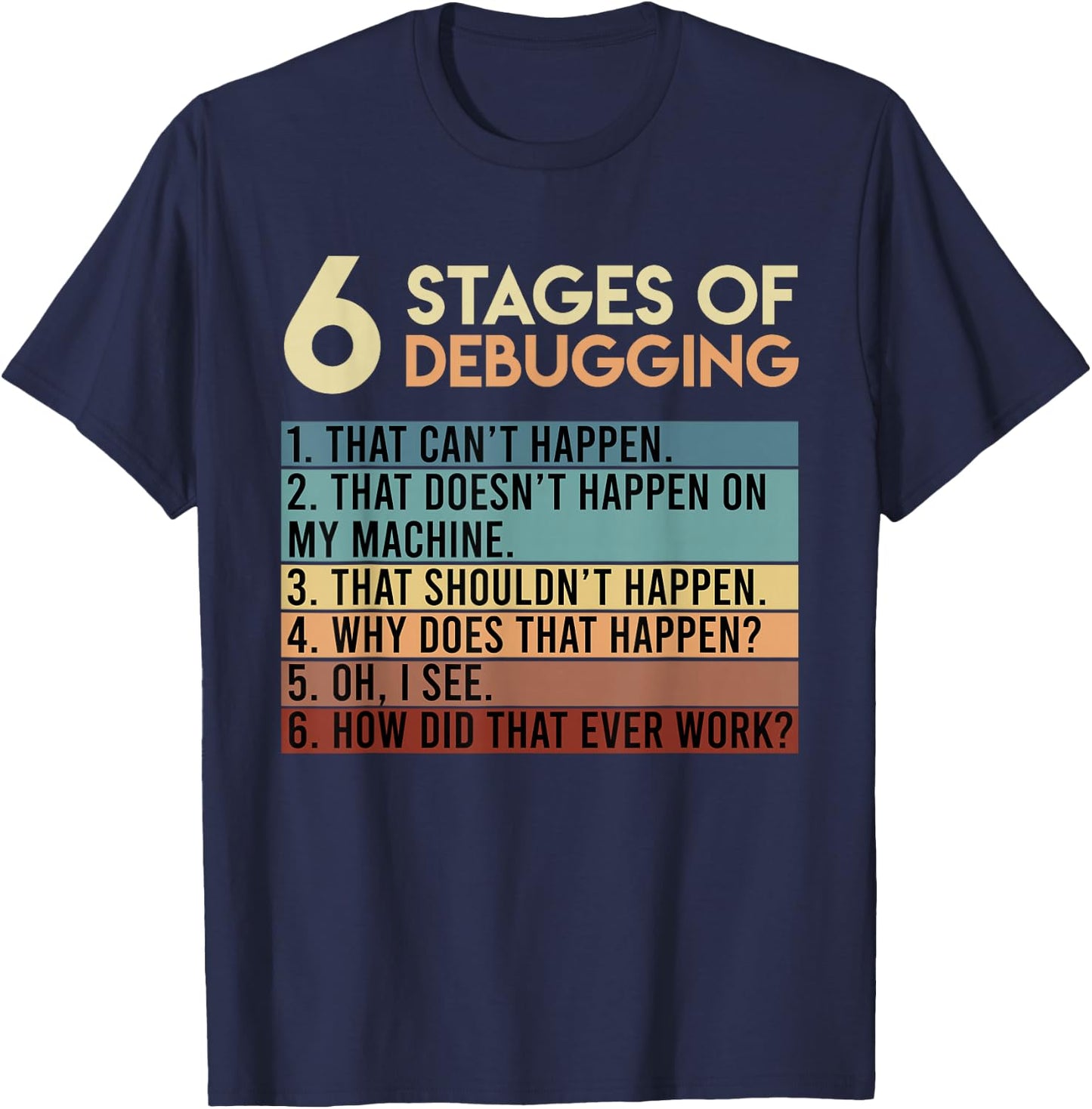 Coder Informatiker Admin 6 Stages of Debugging Programmer T-Shirt - T-Shirt | Navy