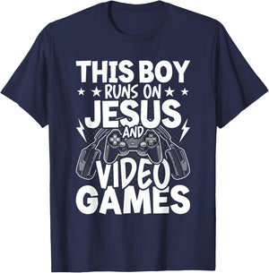 This Boy Runs On Jesus And Video Games Video Gamer Gaming T-Shirt - T-Shirt | Navy