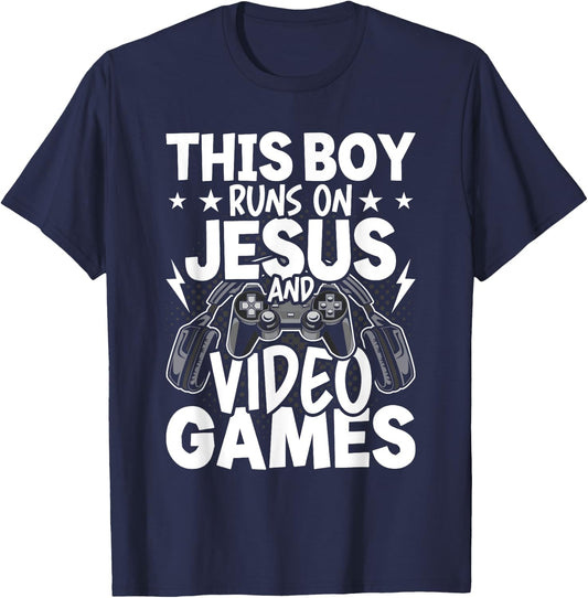 This Boy Runs On Jesus And Video Games Video Gamer Gaming T-Shirt - T-Shirt | Navy