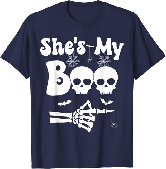She’s My Boo Skeleton Couples Matching Couple Halloween T-Shirt - T-Shirt | Navy