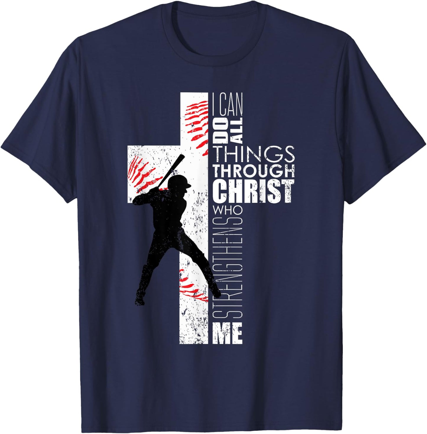 Christian Cross Baseball I Can Do All Things Through Christ T-Shirt - T-Shirt | Navy