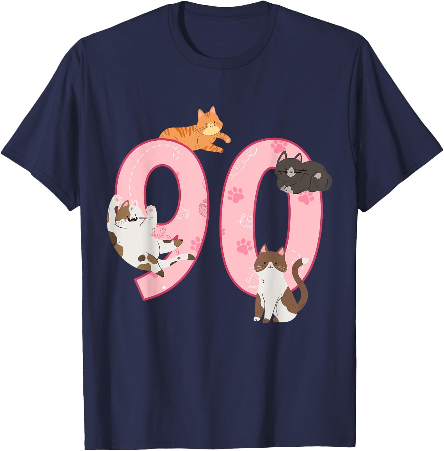 90th Birthday Girl Cat Theme 90 Year Old B-Day Party T-Shirt - T-Shirt | Navy