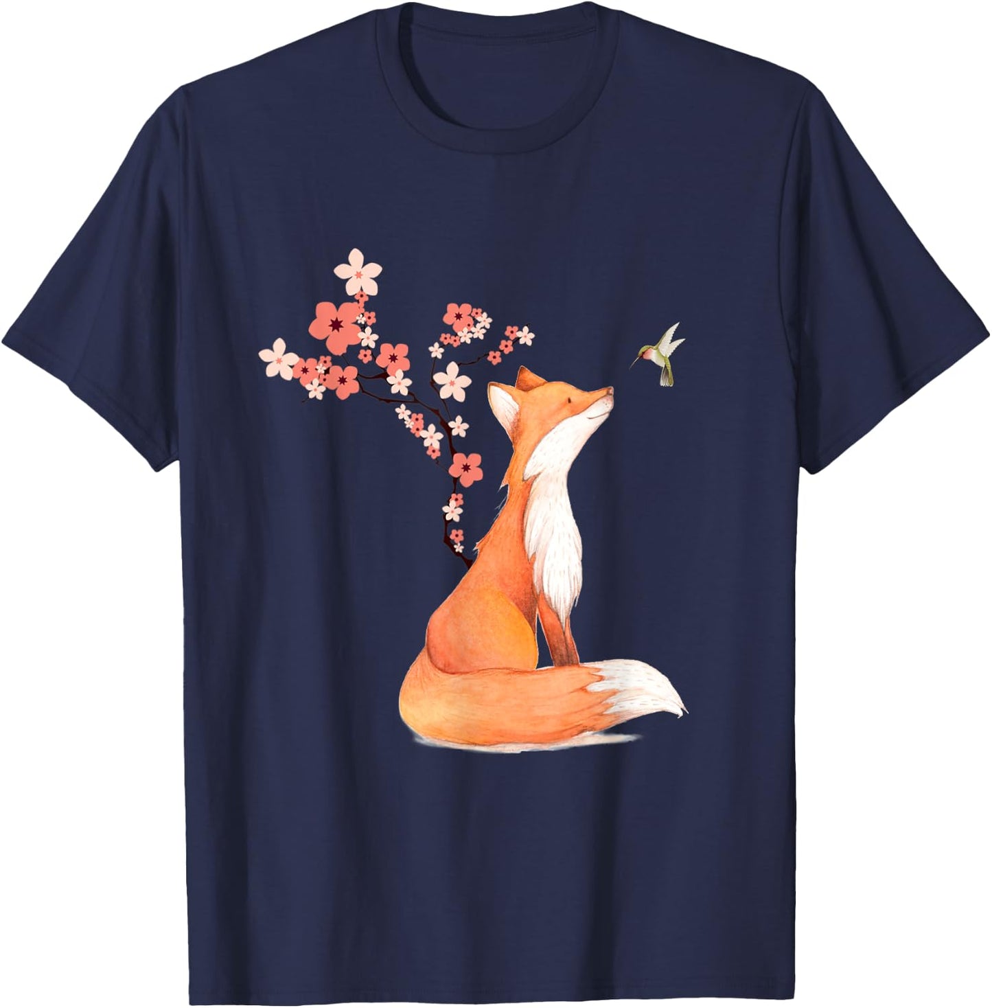 The Cute Fox And Hummingbird Cherry Blossom Flower Present T-Shirt - T-Shirt | Navy