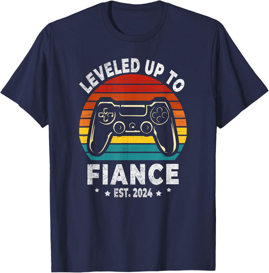 Leveled Up To Fiance 2024 Retro Newly Engaged Men's Black Small Retro Gaming Men T-Shirt - T-Shirt | Navy