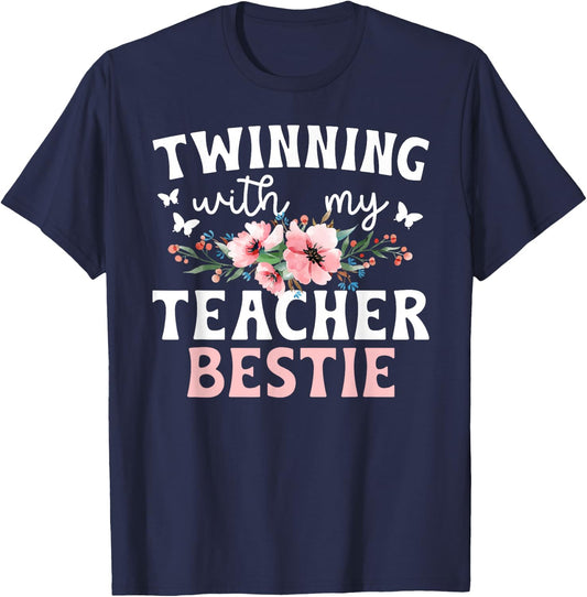Twinning With My Teacher Bestie Twin Day Best Friend Flowers T-Shirt - T-Shirt | Navy