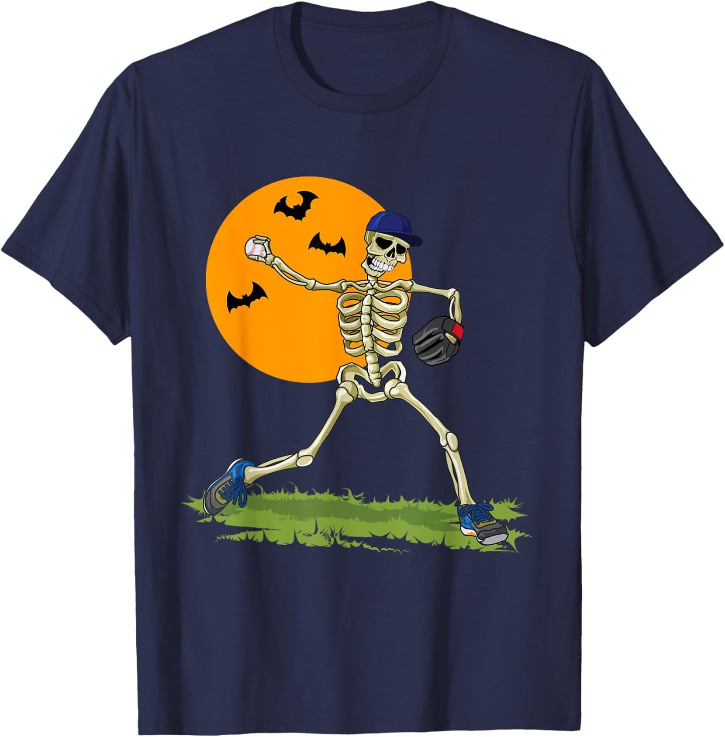 Baseball Skeleton Halloween Men Boys Baseball Halloween T-Shirt - T-Shirt | Navy