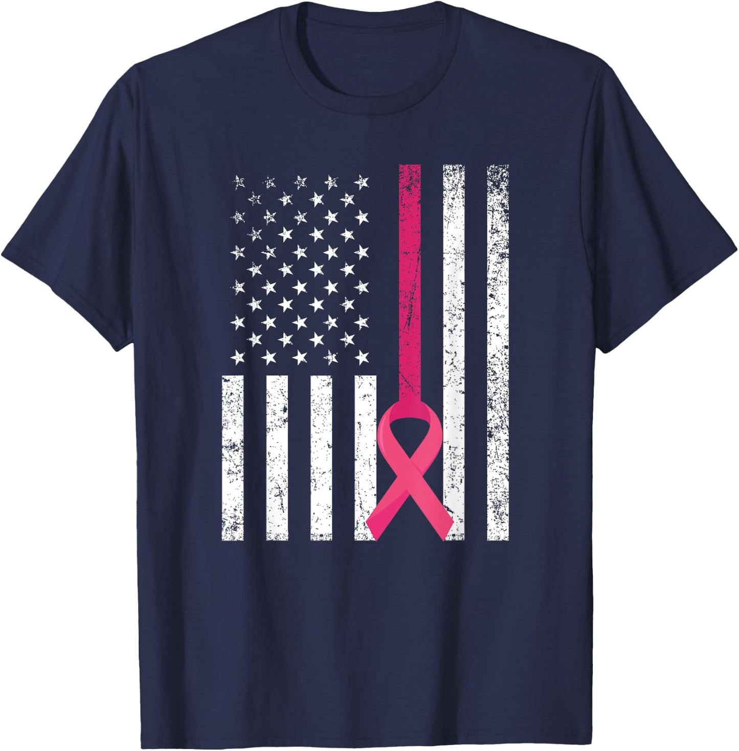Breast Cancer Awareness Support Pink Ribbon American Flag T-Shirt - T-Shirt | Navy
