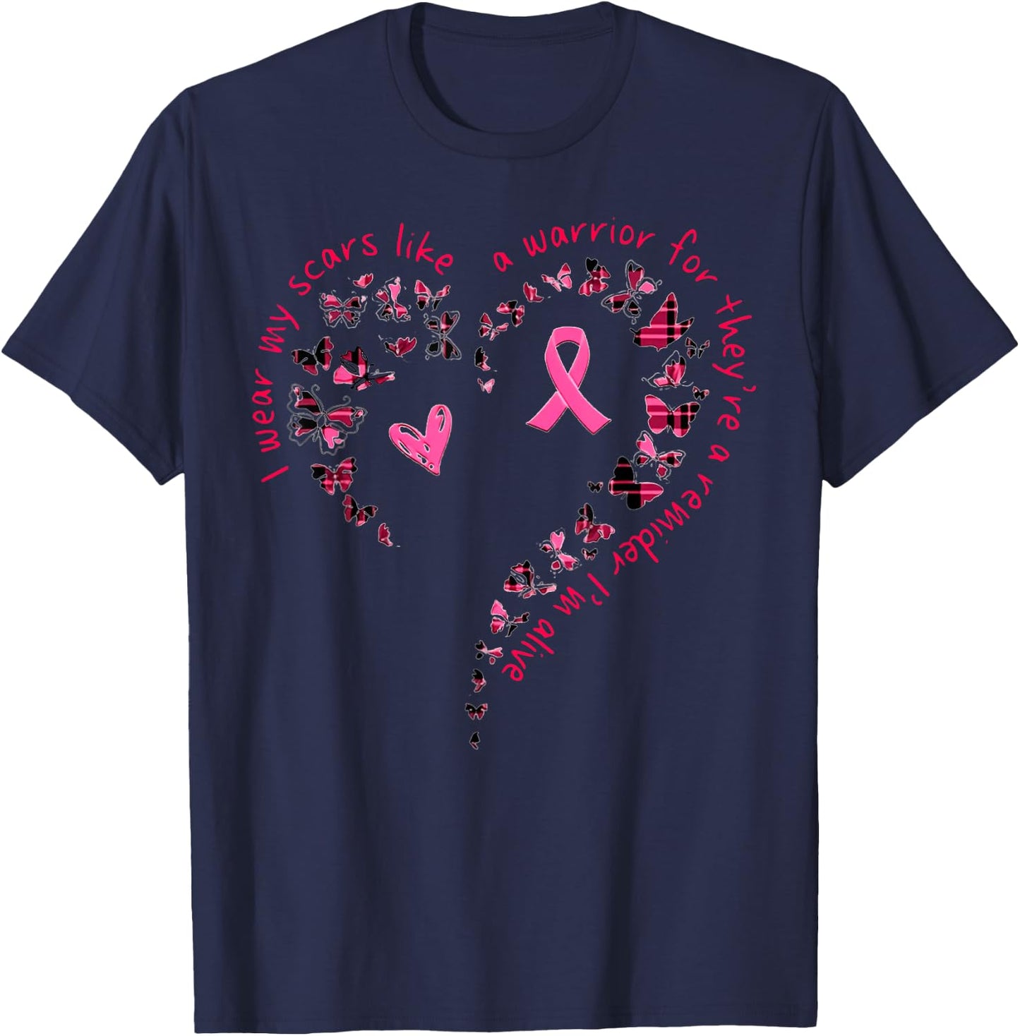 Butterfly Heart I Wear My Scars Like A Warrior Breast Cancer T-Shirt - T-Shirt | Navy