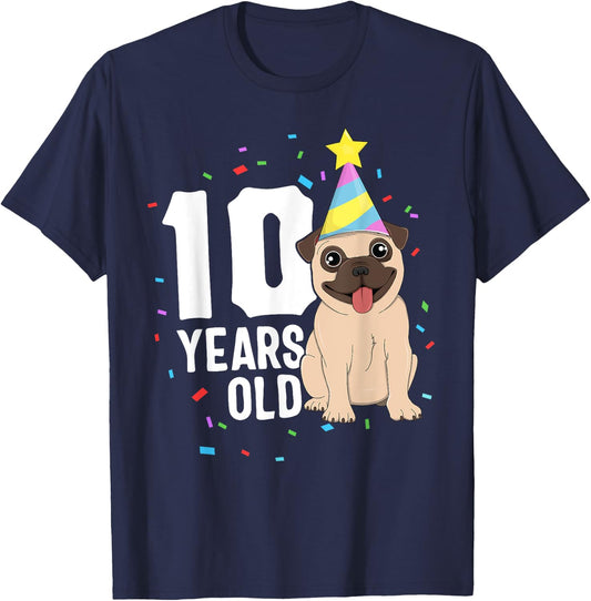 10 Years Old Birthday Pug Dog Lover Party 10th Birthday Kid T-Shirt - T-Shirt | Navy