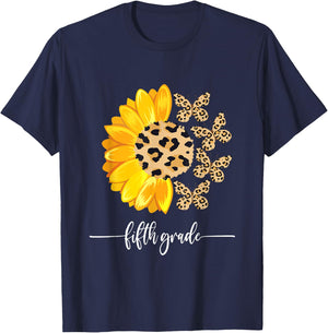 Fifth Grade Butterfly Sunflower Leopard First Day of School T-Shirt - T-Shirt | Navy