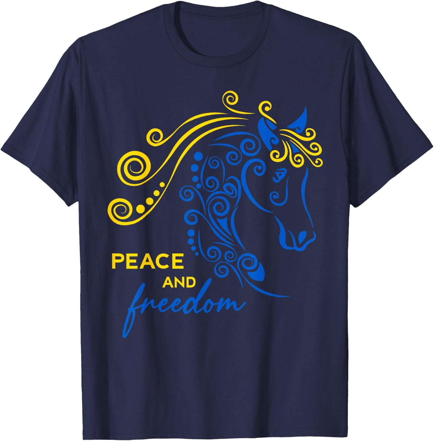 Ukraine Peace and Freedom Ukrainian Horse Flag Blue Yellow T-Shirt - T-Shirt | Navy
