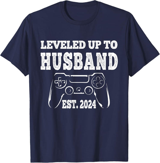 Leveled Up To Husband 2024 Newlywed Groom Just Married Gamer T-Shirt - T-Shirt | Navy