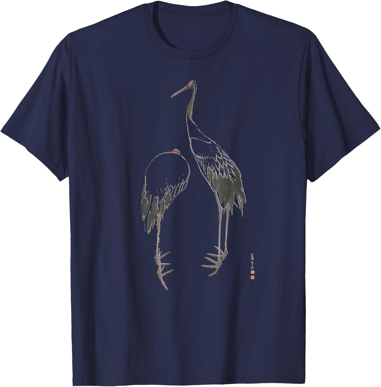 Vintage Classic Art Japanese Red-Crowned Crane Birds Stylish T-Shirt - T-Shirt | Navy