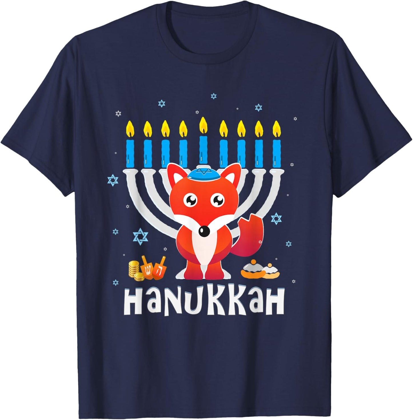 Hanukkah Love Fox with Menorah for Jewish Christmas Holiday T-Shirt - T-Shirt | Navy
