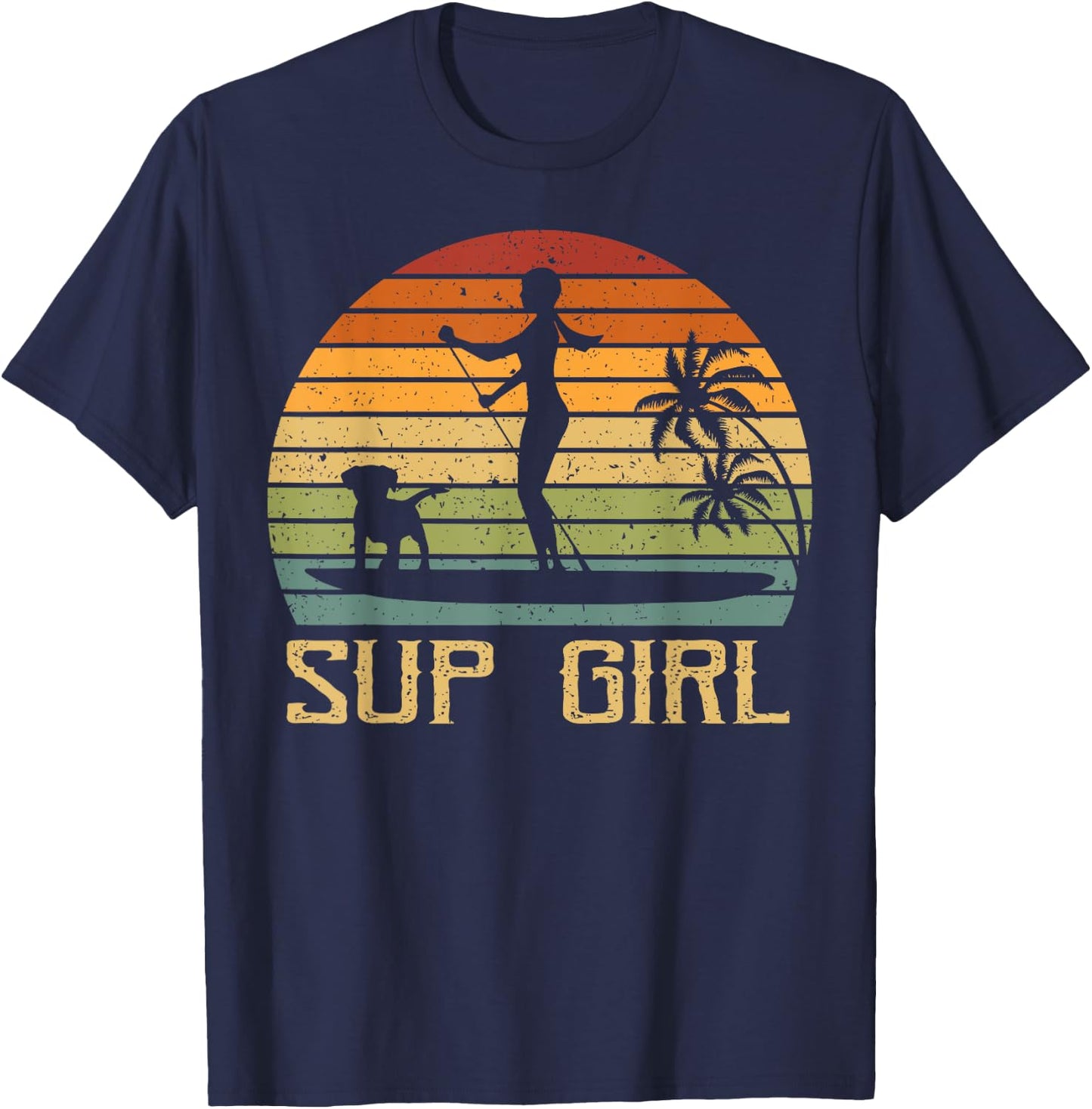 Retro Sup Girl Dog Paddling Paddle Board SUP Water Sports T-Shirt - T-Shirt | Navy