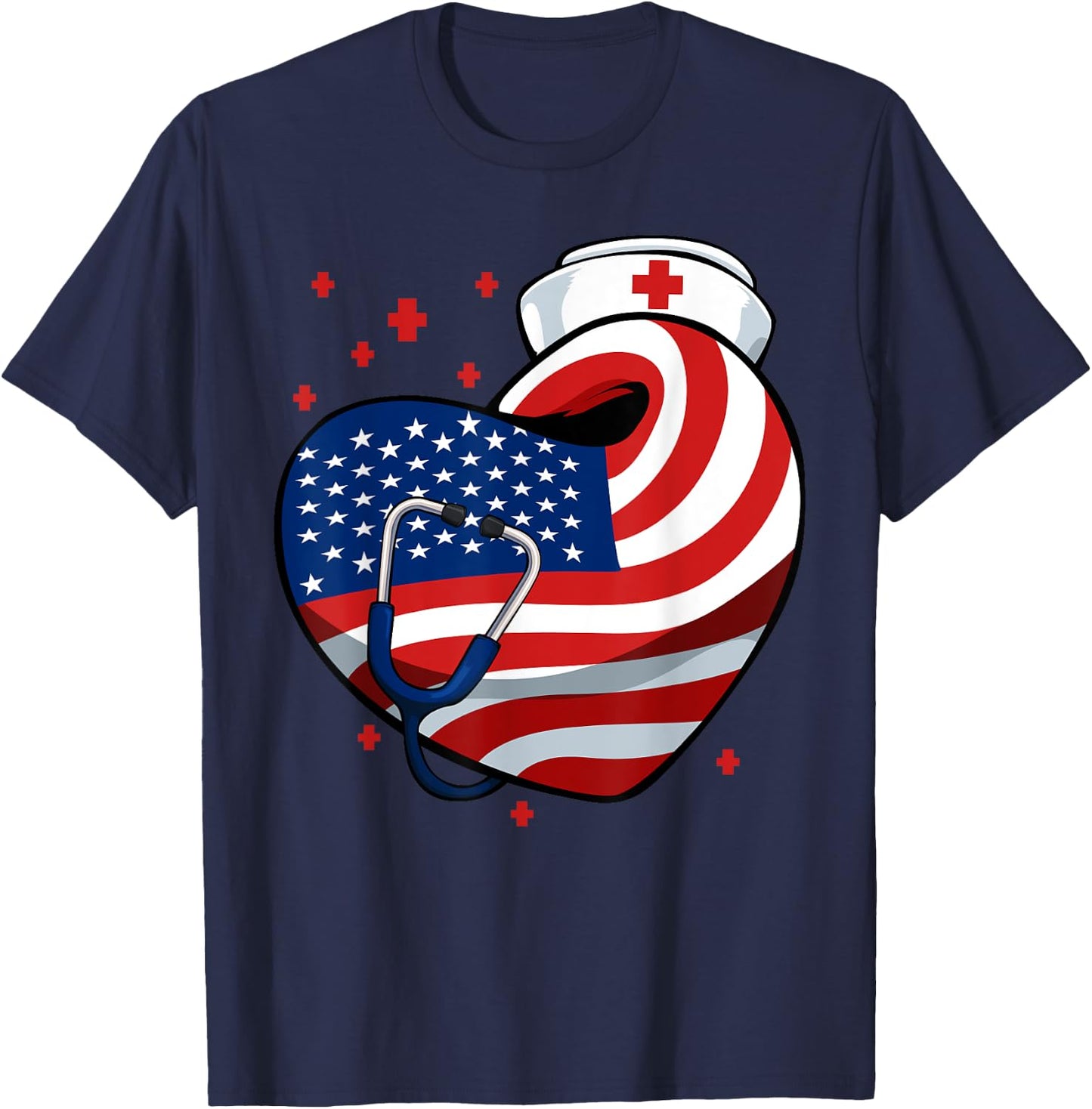 Patriotic Nurse 4th Of July American Flag Heart Stethoscope T-Shirt - T-Shirt | Navy