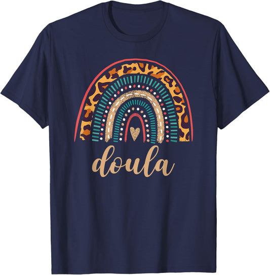 Doula Rainbow Leopard Birth Doulas Gift Newborn Labor Coach T-Shirt - T-Shirt | Navy