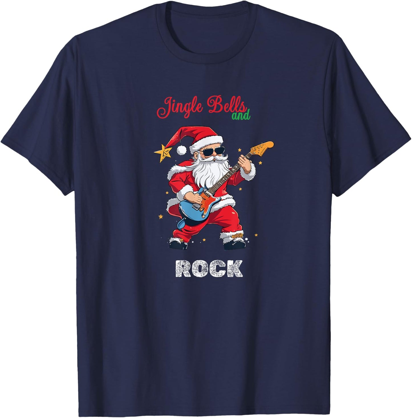 Jingle Bell and Rock Christmas Santa Rolling Playing Guitar T-Shirt - T-Shirt | Navy