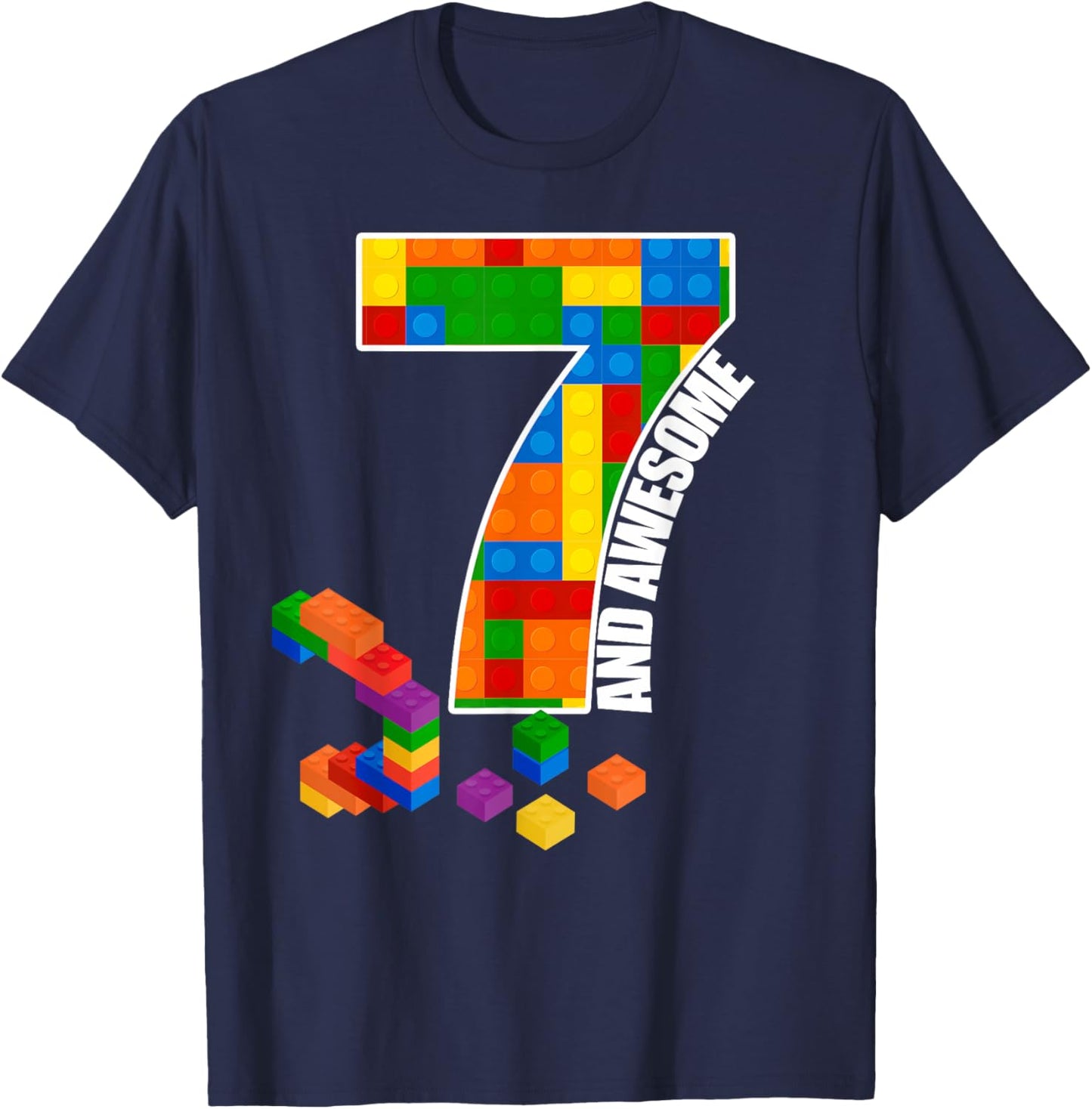 Building Blocks Bricks 7 Years Old Awesome Birthday Boy T-Shirt - T-Shirt | Navy