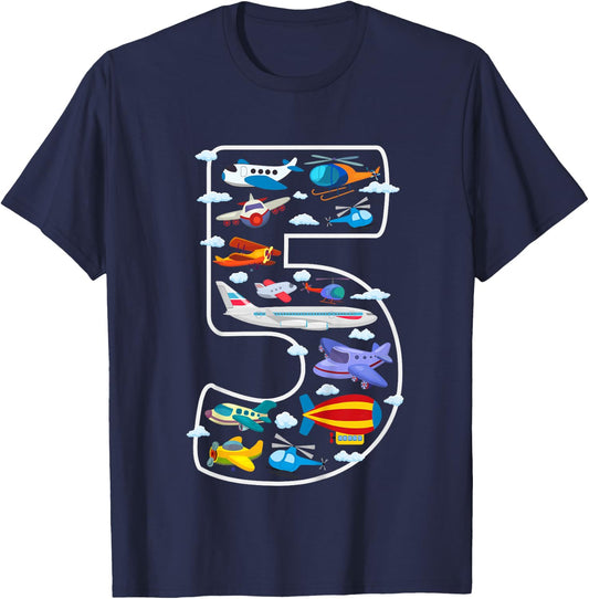 Kids Its My 5th Birthday Boys 5 Airplanes Helicopters 5 Years Old T-Shirt - T-Shirt | Navy