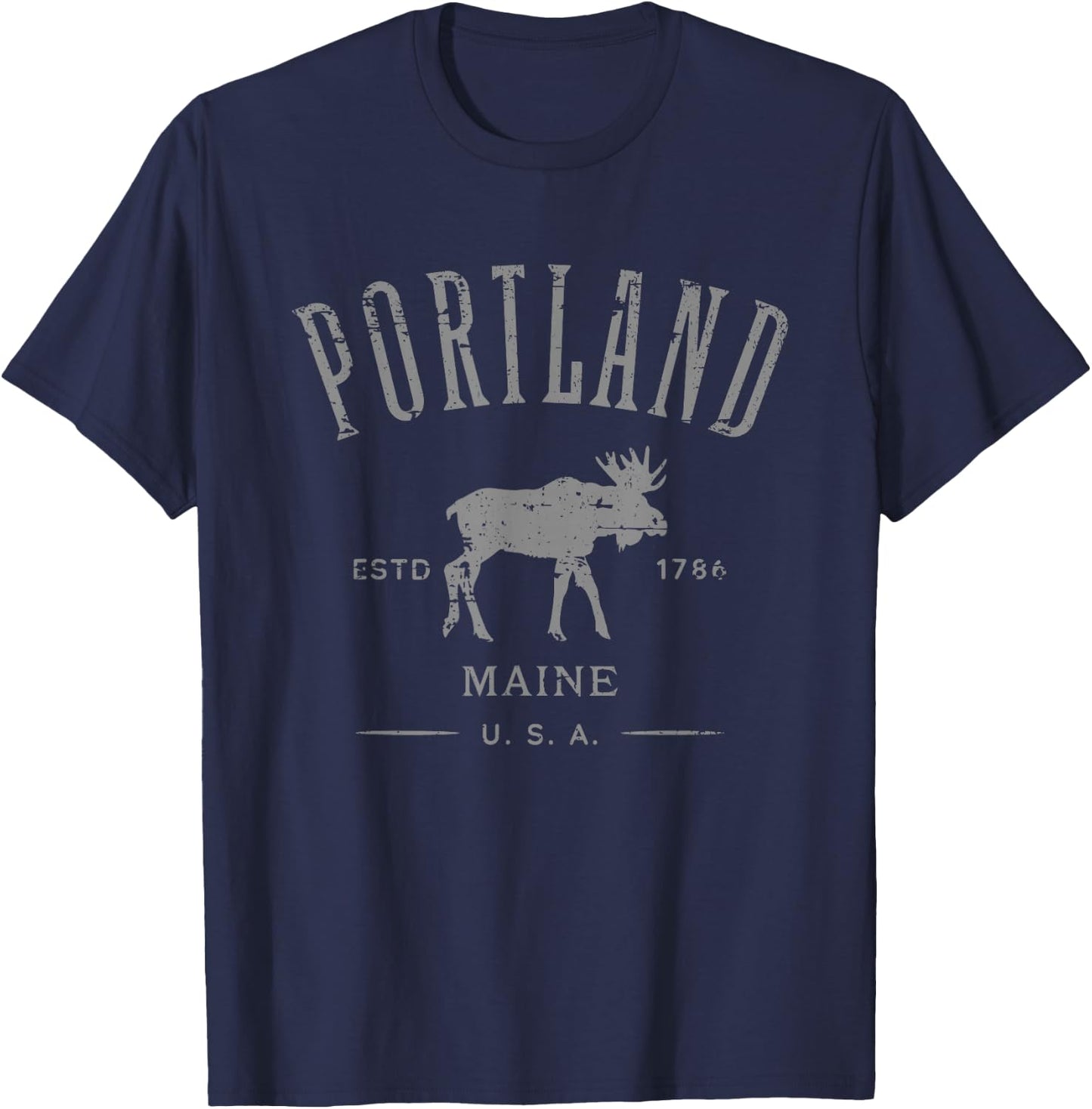 Portland Maine USA with Moose Distressed Design Souvenir T-Shirt - T-Shirt | Navy