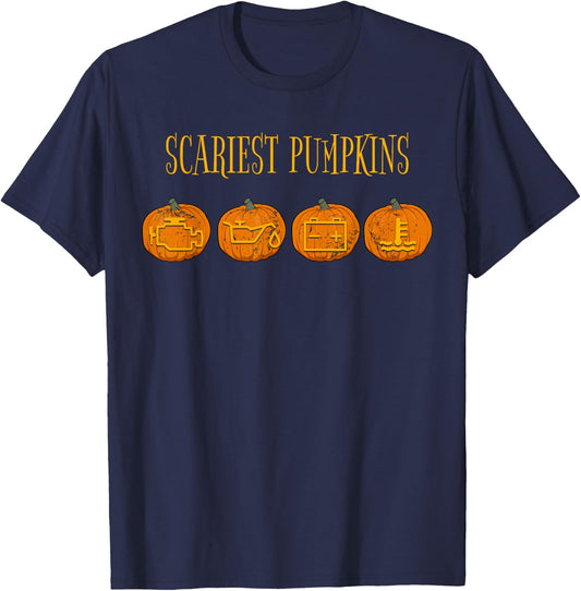 Scary Pumpkin Halloween Car Mechanic Funny Joke Check Engine T-Shirt - T-Shirt | Navy