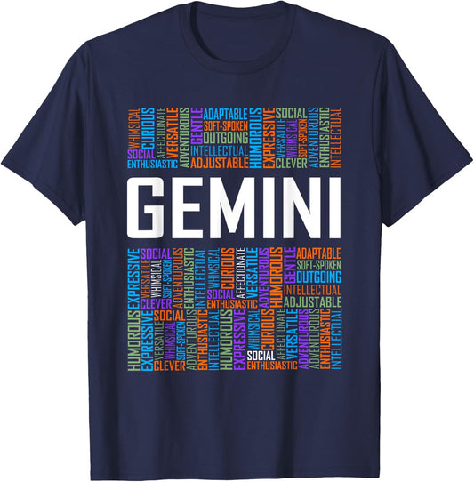 Gemini Zodiac Traits Horoscope Astrology Sign Gift Words T-Shirt - T-Shirt | Navy