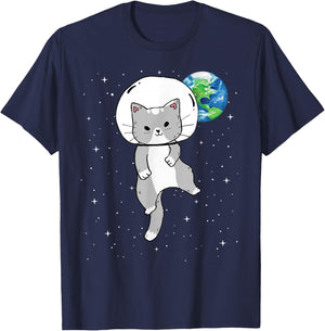 Funny Cute Cat in Space Catstronaut Milky Way Galaxy Earth Women Kids T-Shirt - T-Shirt | Navy