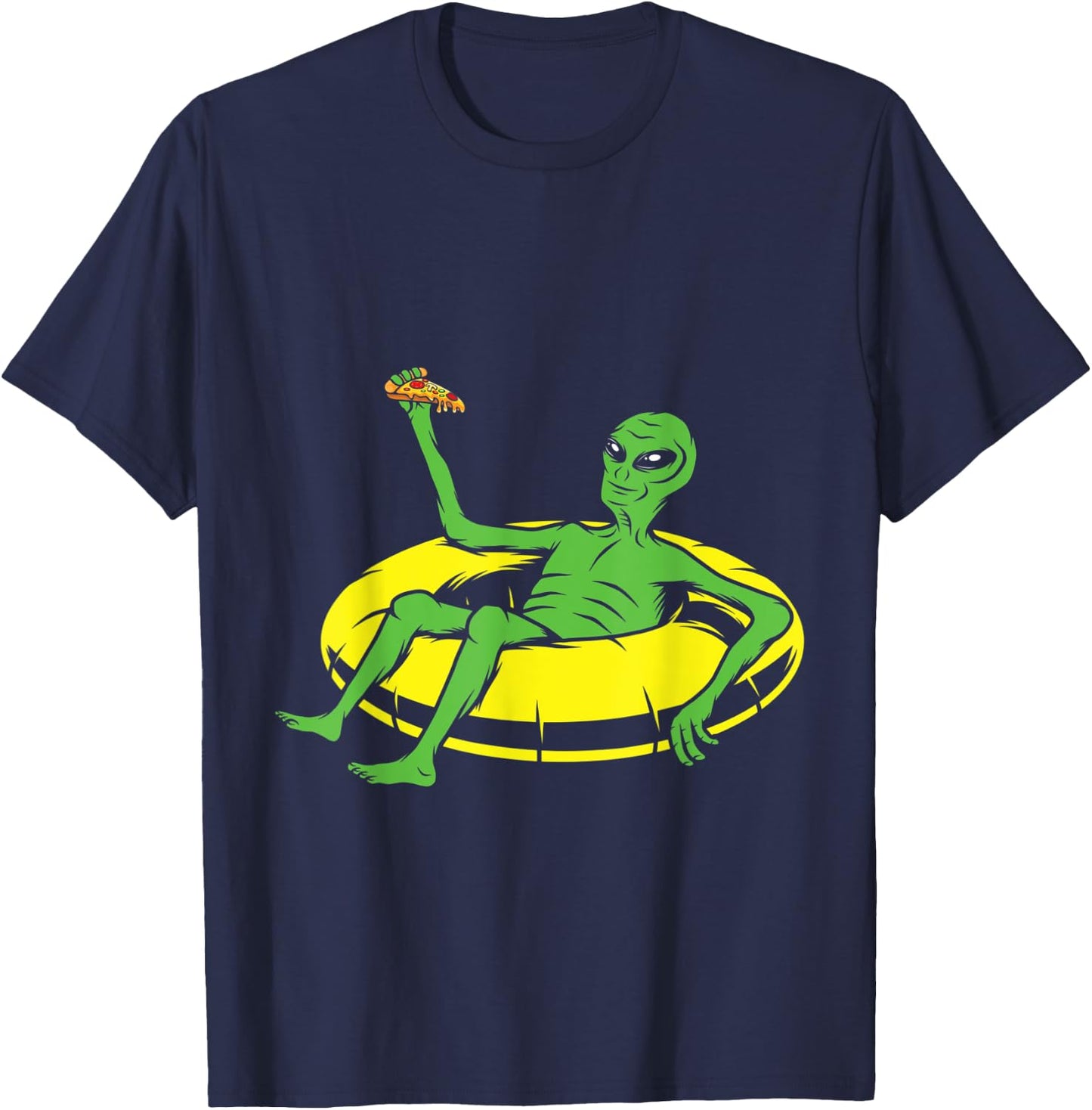 Funny Alien Eating Pizza In Swimming Pool T-Shirt - T-Shirt | Navy