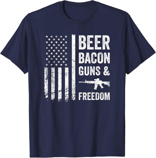 BEER BACON GUNS & FREEDOM - USA BBQ American Flag Drinking T-Shirt - T-Shirt | Navy