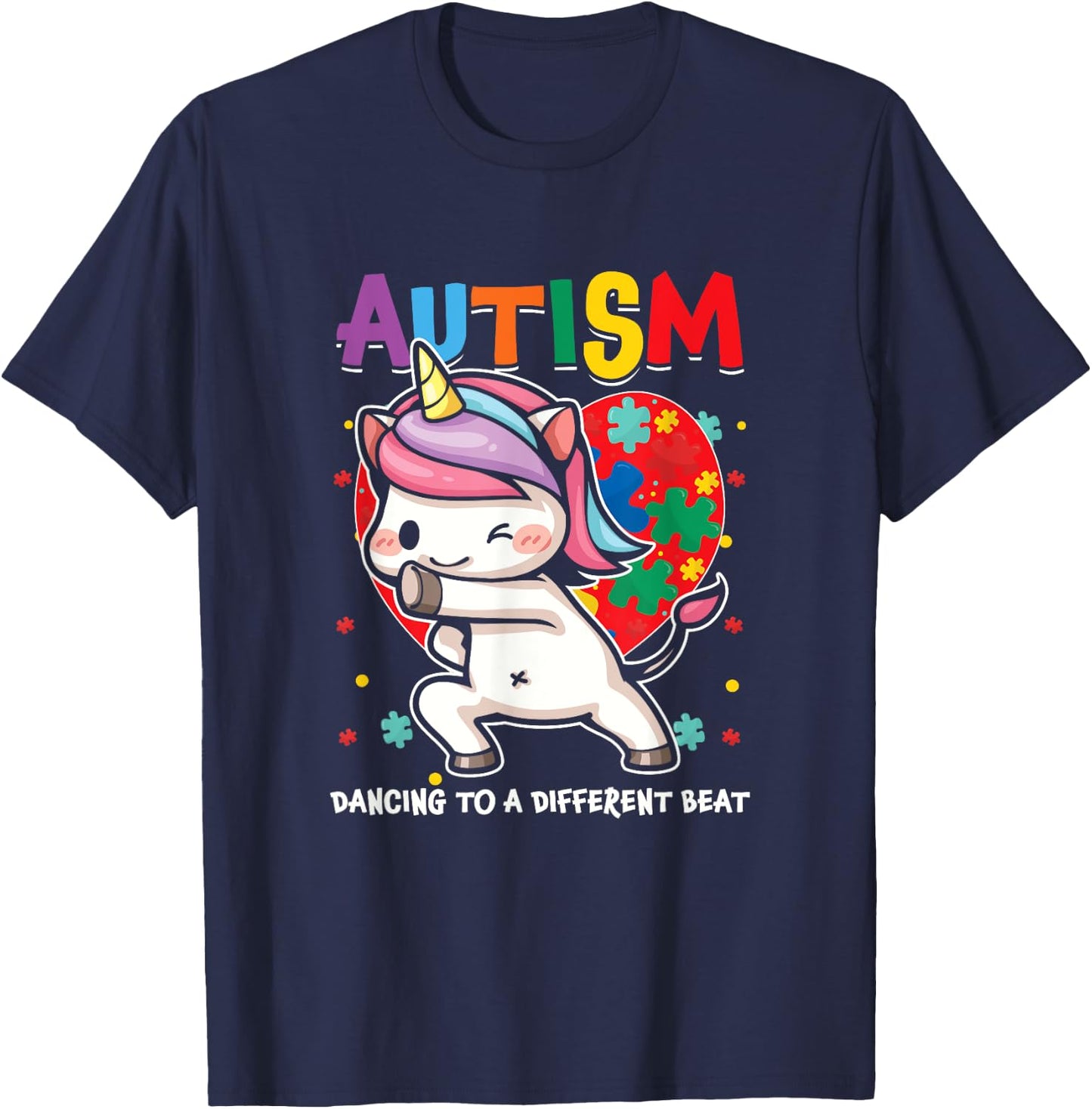 Autistic Unicorn Autism Awareness Heart Ribbon Puzzle Health T-Shirt - T-Shirt | Navy