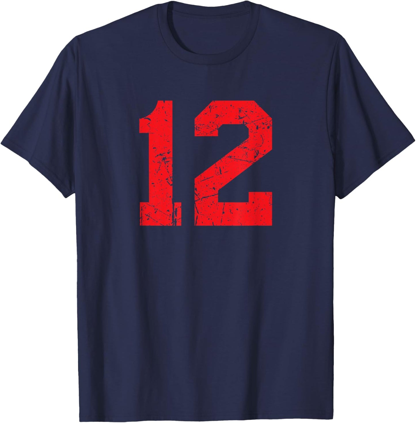 Number #12 Red Distressed Sports Team T-Shirt - T-Shirt | Navy